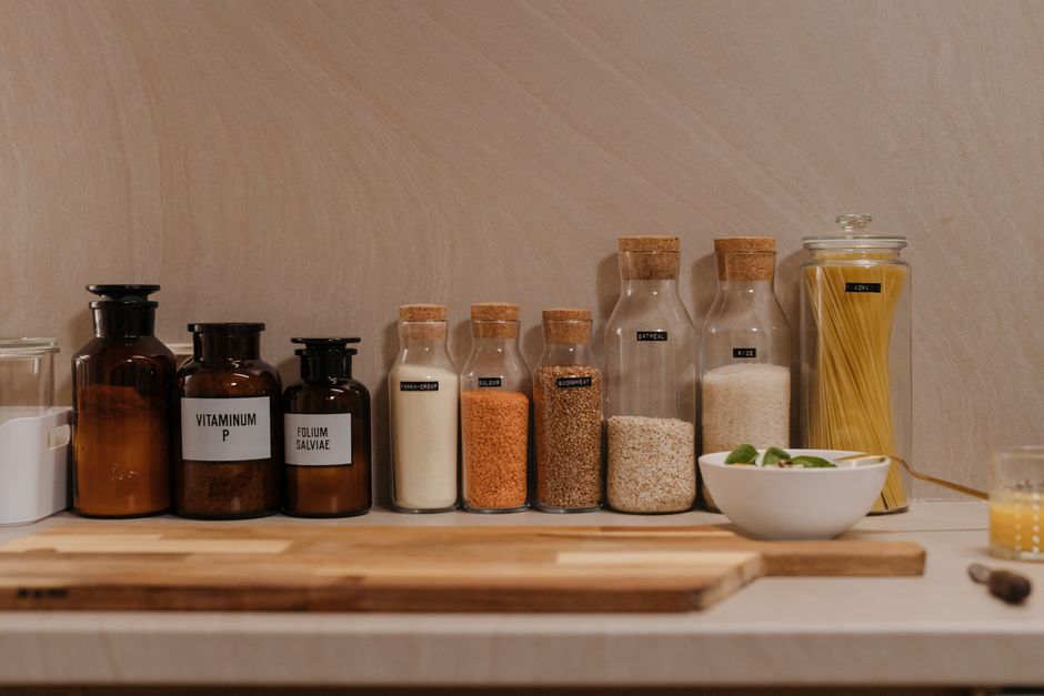 Allergen labels and food prep area in care home kitchen